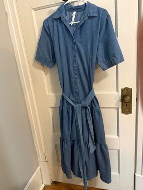Collection B Denim-Style Blue Tiered Shirt Dress with Self Tie